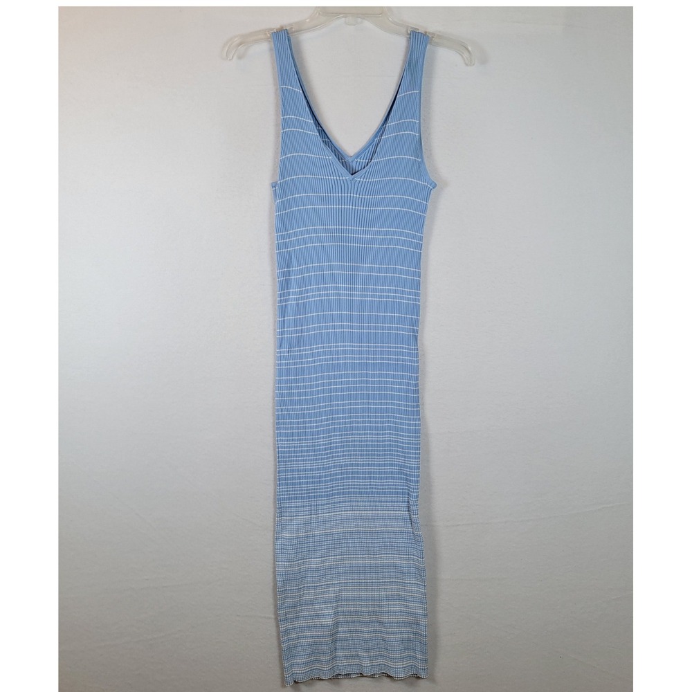 STAUD Womens Dana Striped Ribbed Bodycon V-Neck Tank Midi Dress Size Large Blue